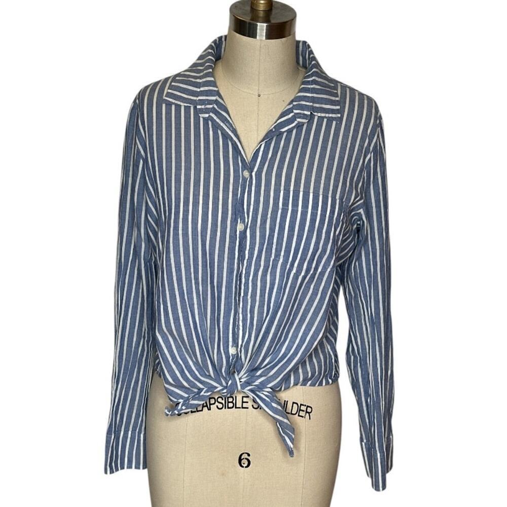 J. Crew Fact Blue White Vertical Stripe Tie-Front Button Up Shirt Blouse Size M